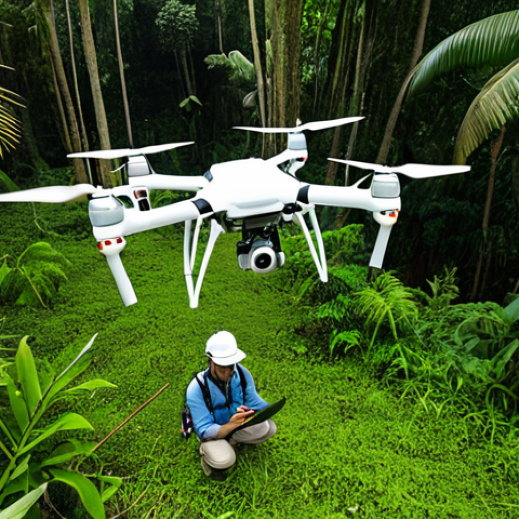 **Ecosystem Monitoring with Technology**: Create an image showcasing a team of researchers using drones and IoT sensors to monitor a lush tropical forest. The scene should highlight the use of technology in gathering ecological data, with a focus on the vibrant flora and fauna present in the environment.