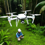 **Ecosystem Monitoring with Technology**: Create an image showcasing a team of researchers using drones and IoT sensors to monitor a lush tropical forest. The scene should highlight the use of technology in gathering ecological data, with a focus on the vibrant flora and fauna present in the environment.