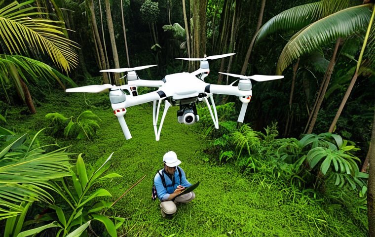 **Ecosystem Monitoring with Technology**: Create an image showcasing a team of researchers using drones and IoT sensors to monitor a lush tropical forest. The scene should highlight the use of technology in gathering ecological data, with a focus on the vibrant flora and fauna present in the environment.