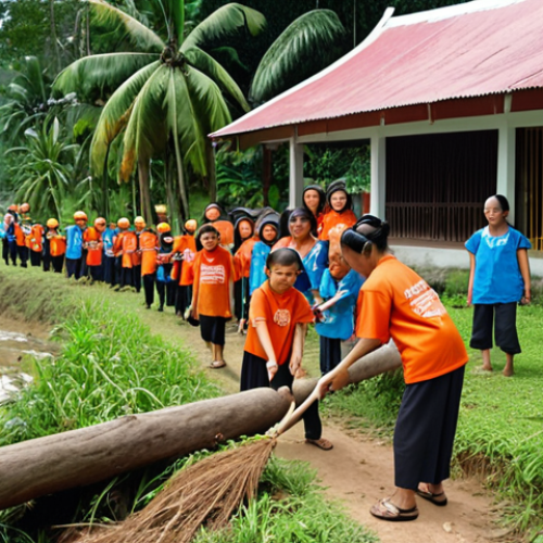 Home 23 **Image Prompt:** A vibrant community scene in a *kampung* (village) in Malaysia. Volunteers of all ages are planting trees and cleaning up a riverbank. In the background, a local school displays environmental awareness posters. The scene should evoke a sense of *gotong royong* (community spirit) and environmental stewardship. Focus on bright, natural lighting and realistic details. Include elements like traditional Malay houses and lush greenery. Style: Photorealistic.