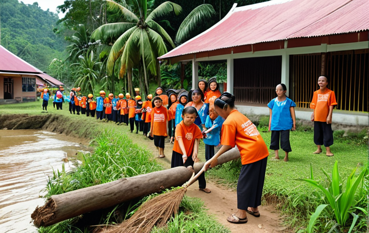 **Image Prompt:** A vibrant community scene in a *kampung* (village) in Malaysia. Volunteers of all ages are planting trees and cleaning up a riverbank. In the background, a local school displays environmental awareness posters. The scene should evoke a sense of *gotong royong* (community spirit) and environmental stewardship. Focus on bright, natural lighting and realistic details. Include elements like traditional Malay houses and lush greenery. Style: Photorealistic.