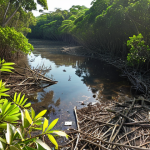 A wide shot of a beautiful, vibrant Malaysian mangrove forest on a clear day, with sunlight filtering through the leaves. In the foreground, a subtle but distinct presence of discarded plastic waste on the ground near the water's edge, indicating environmental degradation. Hovering above the trees, a modern drone equipped with advanced cameras and sensors is clearly visible, symbolizing cutting-edge technology being used for real-time ecosystem monitoring. The image should convey both the inherent beauty of nature and the urgent need for intervention, with technology as a key tool. Realistic, detailed, cinematic lighting.