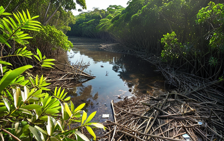 A wide shot of a beautiful, vibrant Malaysian mangrove forest on a clear day, with sunlight filtering through the leaves. In the foreground, a subtle but distinct presence of discarded plastic waste on the ground near the water's edge, indicating environmental degradation. Hovering above the trees, a modern drone equipped with advanced cameras and sensors is clearly visible, symbolizing cutting-edge technology being used for real-time ecosystem monitoring. The image should convey both the inherent beauty of nature and the urgent need for intervention, with technology as a key tool. Realistic, detailed, cinematic lighting.