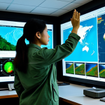 A professional female environmental scientist, dressed in a modest field jacket and trousers, fully clothed, stands inside a state-of-the-art environmental monitoring center in Malaysia. Large screens display intricate satellite data of lush Malaysian rainforests and vibrant coral reefs, showcasing the effectiveness of remote sensing. A sophisticated remote sensing drone is visible on a charging station in the foreground. She is intently observing a screen, gesturing towards a detailed data visualization. This image should be captured with professional photography, high resolution, featuring perfect anatomy, correct proportions, a natural pose, well-formed hands, proper finger count, and natural body proportions. The content is safe for work, appropriate content, fully clothed, and professional.