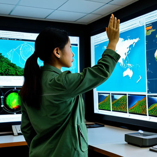 Home 10 A professional female environmental scientist, dressed in a modest field jacket and trousers, fully clothed, stands inside a state-of-the-art environmental monitoring center in Malaysia. Large screens display intricate satellite data of lush Malaysian rainforests and vibrant coral reefs, showcasing the effectiveness of remote sensing. A sophisticated remote sensing drone is visible on a charging station in the foreground. She is intently observing a screen, gesturing towards a detailed data visualization. This image should be captured with professional photography, high resolution, featuring perfect anatomy, correct proportions, a natural pose, well-formed hands, proper finger count, and natural body proportions. The content is safe for work, appropriate content, fully clothed, and professional.