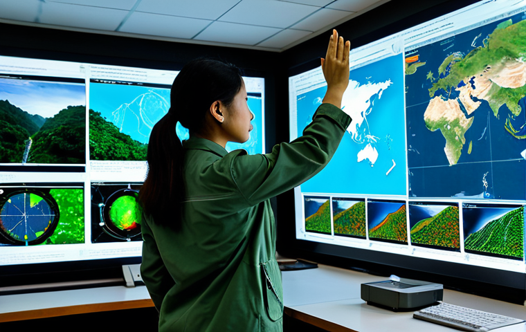 A professional female environmental scientist, dressed in a modest field jacket and trousers, fully clothed, stands inside a state-of-the-art environmental monitoring center in Malaysia. Large screens display intricate satellite data of lush Malaysian rainforests and vibrant coral reefs, showcasing the effectiveness of remote sensing. A sophisticated remote sensing drone is visible on a charging station in the foreground. She is intently observing a screen, gesturing towards a detailed data visualization. This image should be captured with professional photography, high resolution, featuring perfect anatomy, correct proportions, a natural pose, well-formed hands, proper finger count, and natural body proportions. The content is safe for work, appropriate content, fully clothed, and professional.